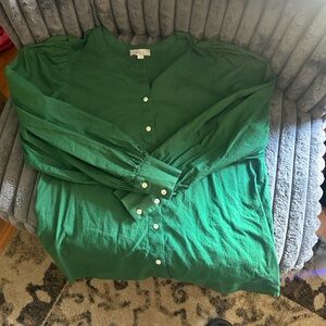LOFT Forest Green Blouse with Cream Buttons